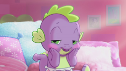 Size: 640x360 | Tagged: safe, official, screencap, character:rarity, character:spike, bed, blushing, commercial, creepy, diaper, newborn, picture frame, pillow