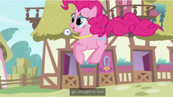 Size: 1277x714 | Tagged: safe, screencap, character:pinkie pie, episode:too many pinkie pies, g4, my little pony: friendship is magic, hell, meme, monopoly, watch, youtube caption