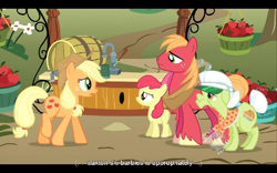 Size: 768x480 | Tagged: safe, screencap, character:apple bloom, character:applejack, character:big mcintosh, character:granny smith, species:earth pony, species:pony, episode:the super speedy cider squeezy 6000, g4, my little pony: friendship is magic, male, stallion, youtube caption