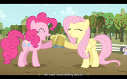 Size: 768x480 | Tagged: safe, screencap, character:fluttershy, character:pinkie pie, episode:the super speedy cider squeezy 6000, g4, my little pony: friendship is magic, cider, eyes closed, youtube caption