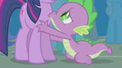 Size: 1920x1080 | Tagged: safe, screencap, character:spike, character:twilight sparkle, species:dragon, species:pony, episode:boast busters, g4, my little pony: friendship is magic, female, hug, implied kissing, kissy face, male, mare