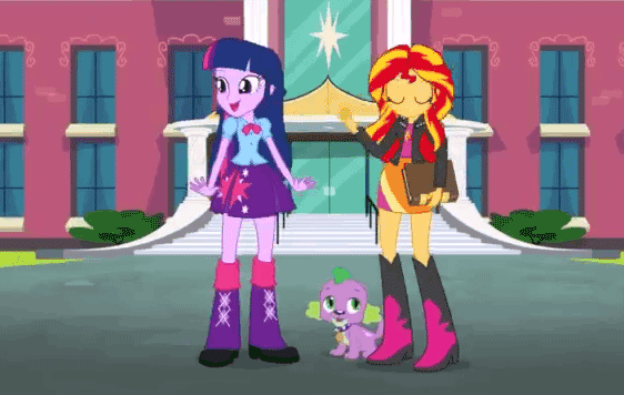Size: 562x356 | Tagged: safe, screencap, character:applejack, character:fluttershy, character:pinkie pie, character:rainbow dash, character:rarity, character:spike, character:sunset shimmer, character:twilight sparkle, species:dog, equestria girls:rainbow rocks, g4, my little pony:equestria girls, animated, balloon, boots, bracelet, clothing, cowboy boots, do not want, group hug, high heel boots, humane seven, humane six, jewelry, mane six, skirt, spike the dog