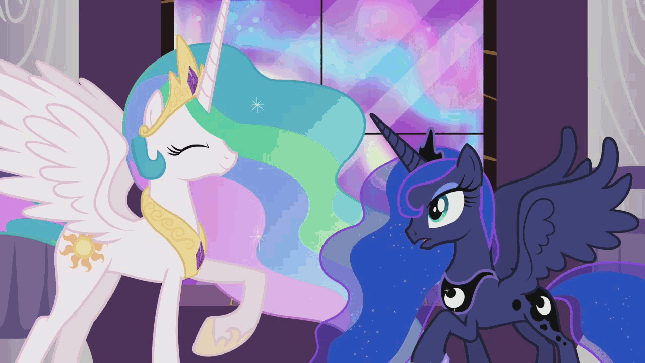 Size: 1280x720 | Tagged: safe, screencap, character:princess celestia, character:princess luna, episode:the crystal empire, g4, my little pony: friendship is magic, animated, aurora borealis, aurora crystialis, bonding, canterlot castle, crystal empire, cute, cutelestia, ethereal mane, eyes closed, galaxy mane, horns are touching, lunabetes, pillar, royal sisters, sisterly love, sisters, sparkly mane, spread wings, sweet dreams fuel, window, wings