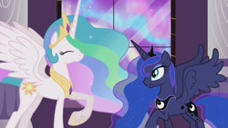 Size: 1280x720 | Tagged: safe, screencap, character:princess celestia, character:princess luna, species:alicorn, species:pony, episode:the crystal empire, g4, my little pony: friendship is magic, aurora borealis, aurora crystialis, canterlot castle, cute, cutelestia, eyes closed, female, happy, hoof shoes, jewelry, mare, open mouth, peytral, pillar, raised hoof, regalia, sisters, smiling, spread wings, wings