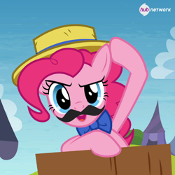 Size: 548x548 | Tagged: safe, official, screencap, character:pinkie pie, episode:trade ya, g4, my little pony: friendship is magic, bow tie, clothing, fake moustache, hat, hub logo, hub network, the hub