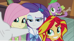 Size: 1361x761 | Tagged: safe, screencap, character:fluttershy, character:rarity, character:spike, character:sunset shimmer, species:dog, equestria girls:rainbow rocks, g4, my little pony:equestria girls, faec, harem, photobomb, selfie, spike gets all the mares, spike the dog