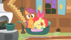 Size: 634x358 | Tagged: safe, screencap, character:apple bloom, character:scootaloo, species:pegasus, species:pony, episode:stare master, g4, my little pony: friendship is magic, derp, ei, hub logo, terrorist, youtube caption