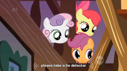 Size: 634x358 | Tagged: safe, screencap, character:apple bloom, character:scootaloo, character:sweetie belle, species:pegasus, species:pony, episode:stare master, g4, my little pony: friendship is magic, ei, hub logo, youtube caption