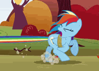 Size: 200x144 | Tagged: safe, screencap, character:applejack, character:rainbow dash, species:earth pony, species:pegasus, species:pony, episode:fall weather friends, g4, my little pony: friendship is magic, animated, biting, dust, female, loop, mare, running, running of the leaves, tail bite, tail pull, zip lines