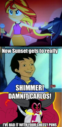 Size: 501x1024 | Tagged: safe, screencap, character:lord tirek, character:sunset shimmer, equestria girls:rainbow rocks, g4, my little pony:equestria girls, angry, carlos, clothing, jacket, magic school bus, meme, microphone, redemption
