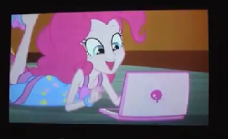 Size: 519x318 | Tagged: safe, screencap, character:pinkie pie, equestria girls:rainbow rocks, g4, my little pony:equestria girls, balloon, bracelet, clothing, computer, jewelry, laptop computer, pajamas, pinkie pie laptop, slippers
