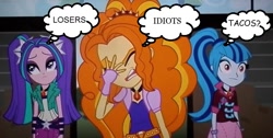 Size: 800x402 | Tagged: safe, screencap, character:adagio dazzle, character:aria blaze, character:sonata dusk, equestria girls:rainbow rocks, g4, my little pony:equestria girls, :|, adagio cringedazzle, airhead, eyeroll, eyes closed, facepalm, frown, in a nutshell, looking up, open mouth, sonataco, taco, that girl sure loves tacos, the dazzlings, thought bubble, unamused, wide eyes