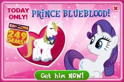 Size: 838x556 | Tagged: safe, gameloft, screencap, character:prince blueblood, character:rarity, ship:rariblood, female, male, shipping, straight