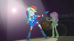 Size: 1920x1080 | Tagged: safe, screencap, character:fluttershy, character:rainbow dash, equestria girls:rainbow rocks, g4, my little pony:equestria girls, boots, clothing, electric guitar, guitar, high heel boots, lens flare, musical instrument, pony ears, skirt, socks, tambourine