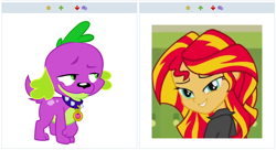 Size: 1000x542 | Tagged: safe, artist:tyto-ovo, screencap, character:spike, character:sunset shimmer, species:dog, derpibooru, ship:sunsetspike, equestria girls:rainbow rocks, g4, my little pony:equestria girls, cute, exploitable meme, female, juxtaposition, juxtaposition win, lidded eyes, love, male, meme, meta, shipping, simple background, smiling, spike the dog, straight, vector, white background