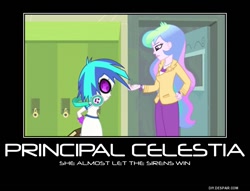 Size: 750x574 | Tagged: safe, screencap, character:dj pon-3, character:princess celestia, character:principal celestia, character:vinyl scratch, episode:music to my ears, equestria girls:rainbow rocks, g4, my little pony:equestria girls, book, celestia hate, demotivational poster, equestria girls drama, headphones, meme, op is a duck, op is trying to start shit