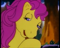 Size: 450x360 | Tagged: safe, screencap, character:bon bon (g1), episode:the great lemonade stand wars, g1, my little pony tales, lidded eyes, open mouth, solo