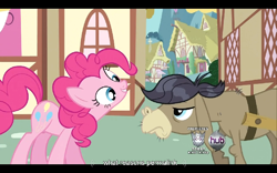 Size: 768x480 | Tagged: safe, screencap, character:cranky doodle donkey, character:pinkie pie, species:donkey, species:earth pony, species:pony, episode:a friend in deed, g4, my little pony: friendship is magic, hub logo, ponyville, youtube caption