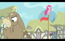 Size: 768x480 | Tagged: safe, screencap, character:cranky doodle donkey, character:pinkie pie, species:donkey, species:earth pony, species:pony, episode:a friend in deed, g4, my little pony: friendship is magic, hub logo, ponyville, youtube caption
