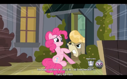 Size: 768x480 | Tagged: safe, screencap, character:cranky doodle donkey, character:pinkie pie, species:donkey, species:earth pony, species:pony, episode:a friend in deed, g4, my little pony: friendship is magic, hub logo, youtube caption