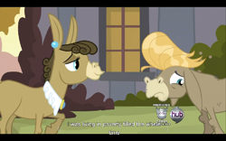 Size: 768x480 | Tagged: safe, screencap, character:cranky doodle donkey, species:donkey, episode:a friend in deed, g4, my little pony: friendship is magic, hub logo, youtube caption
