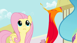Size: 940x532 | Tagged: safe, screencap, character:fluttershy, character:philomena, character:princess celestia, species:alicorn, species:bird, species:pegasus, species:phoenix, species:pony, episode:a bird in the hoof, g4, my little pony: friendship is magic, cute, female, frown, looking up, mare, princess celestia's hair