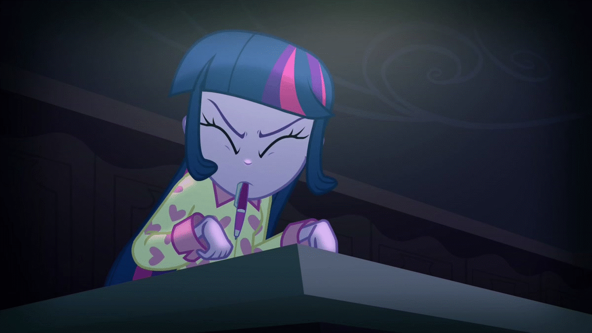 Size: 1200x675 | Tagged: safe, screencap, character:twilight sparkle, equestria girls:rainbow rocks, g4, my little pony:equestria girls, adorkable, animated, blushing, clothing, cute, dork, mouth drawing, mouth hold, pajamas, pen, solo, spit