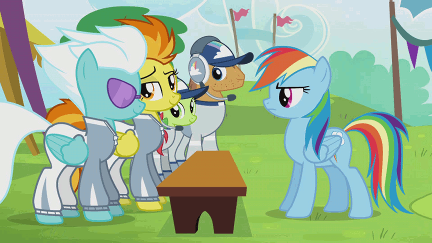 Size: 864x486 | Tagged: safe, screencap, character:fleetfoot, character:peachy sweet, character:rainbow dash, character:spitfire, episode:rainbow falls, g4, my little pony: friendship is magic, animated, apple family member, badge, close-up, clothing, flag, flight suit, glare, leaning, looking at each other, obstacle course, respect, rivet, smiling, sunglasses, surprised, uniform, warmup suit, wonderbolts