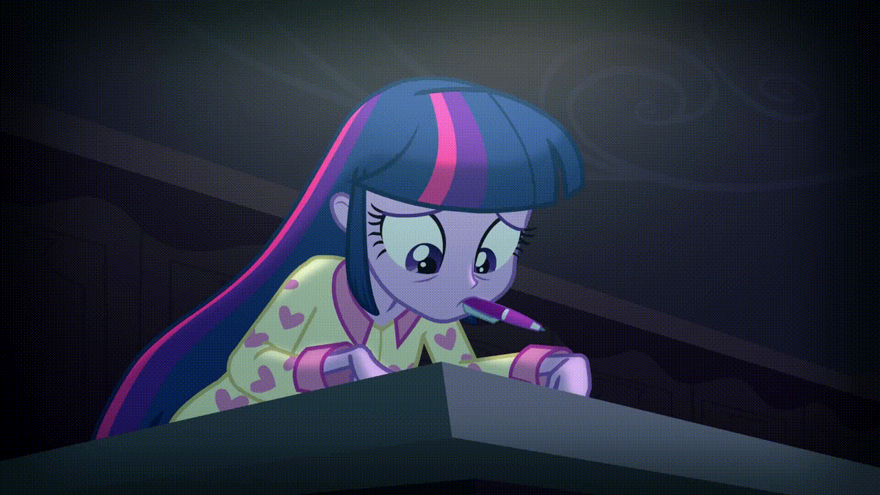 Size: 1280x720 | Tagged: safe, screencap, character:twilight sparkle, equestria girls:rainbow rocks, g4, my little pony:equestria girls, adorkable, animated, cute, dork, frown, humans doing horse things, mouth drawing, mouth hold, pen, raised eyebrow, smiling, solo, spitting, writing