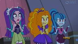 Size: 1366x768 | Tagged: safe, screencap, character:adagio dazzle, character:aria blaze, character:sonata dusk, equestria girls:rainbow rocks, g4, my little pony:equestria girls, bare shoulders, clothing, defeat, dress, satisfying frown, sleeveless, the dazzlings