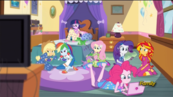 Size: 1920x1080 | Tagged: safe, screencap, character:applejack, character:fluttershy, character:pinkie pie, character:rainbow dash, character:rarity, character:spike, character:sunset shimmer, character:twilight sparkle, character:twilight sparkle (alicorn), species:alicorn, species:dog, equestria girls:rainbow rocks, g4, my little pony:equestria girls, bed, bedroom, clothing, computer, controller, footed sleeper, humane five, humane seven, humane six, laptop computer, lidded eyes, mane seven, mane six, pajamas, phone, pinkie's room, plushie, slippers, slumber party, smartphone, spike the dog, television