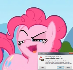 Size: 700x665 | Tagged: safe, screencap, character:pinkie pie, species:earth pony, species:pony, faec, gimp, great moments in animation, meme, ponyface, reaction image, scaling warning message, solo, too big, windows