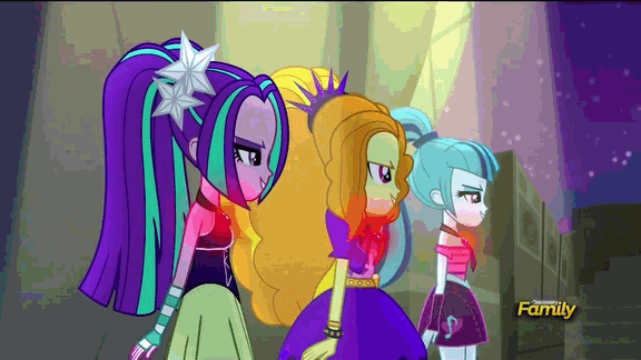 Size: 576x324 | Tagged: safe, screencap, character:adagio dazzle, character:aria blaze, character:sonata dusk, equestria girls:rainbow rocks, g4, my little pony:equestria girls, animated, bare shoulders, singing, sleeveless, the dazzlings