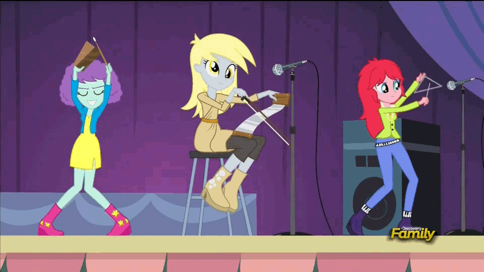 Size: 960x540 | Tagged: safe, screencap, character:derpy hooves, equestria girls:rainbow rocks, g4, my little pony:equestria girls, animated, background human, blueberry pie, cowbell, musical instrument, musical saw, raspberry fluff, saw, triangle