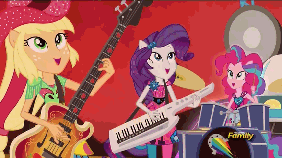 Size: 576x324 | Tagged: safe, screencap, character:applejack, character:fluttershy, character:pinkie pie, character:rainbow dash, character:rarity, character:spike, character:sunset shimmer, character:twilight sparkle, character:twilight sparkle (alicorn), species:alicorn, species:dog, equestria girls:rainbow rocks, g4, my little pony:equestria girls, animated, clothing, discovery family, discovery family logo, guitar, humane seven, keytar, mane seven, mane six, musical instrument, pantyhose, ponied up, spike the dog, the rainbooms