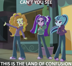 Size: 787x720 | Tagged: safe, screencap, character:adagio dazzle, character:aria blaze, character:sonata dusk, equestria girls:rainbow rocks, g4, my little pony:equestria girls, clothing, diner, genesis, hoodie, land of confusion, lyrics, music, song reference, the dazzlings