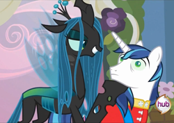 Size: 1084x768 | Tagged: safe, screencap, character:queen chrysalis, character:shining armor, species:changeling, species:pony, species:unicorn, episode:a canterlot wedding, g4, my little pony: friendship is magic, changeling queen, female, lidded eyes, mind control