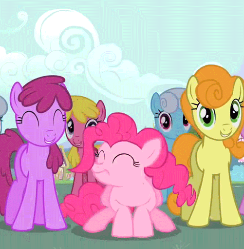 Size: 501x510 | Tagged: safe, screencap, character:berry punch, character:berryshine, character:carrot top, character:cherry berry, character:golden harvest, character:linky, character:pinkie pie, character:shoeshine, species:earth pony, species:pony, episode:the last roundup, g4, my little pony: friendship is magic, animated, background pony, bouncing, female, jumping, mare