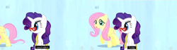 Size: 1235x352 | Tagged: safe, screencap, character:fluttershy, character:rarity, episode:suited for success, g4, my little pony: friendship is magic, ei, glasses, meme, youtube caption