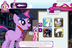 Size: 1014x675 | Tagged: safe, official, screencap, character:chief thunderhooves, character:king sombra, character:princess cadance, character:princess celestia, character:shining armor, character:twilight sparkle, character:twilight sparkle (unicorn), character:zecora, species:buffalo, species:pony, species:unicorn, species:zebra, clipboard, hasbro, library, my little pony logo, pony wedding, question, quill, quiz, royal wedding