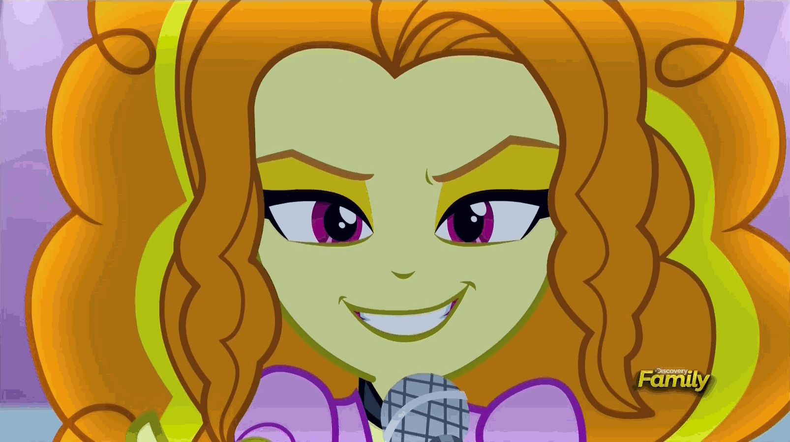 Size: 1606x900 | Tagged: safe, screencap, character:adagio dazzle, character:aria blaze, character:sonata dusk, equestria girls:rainbow rocks, g4, my little pony:equestria girls, animated, discovery family, discovery family logo, evil grin, female, grin, microphone, pigtails, ponytail, smiling, the dazzlings, trio, trio female, twintails, under our spell