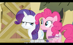 Size: 768x480 | Tagged: safe, screencap, character:pinkie pie, character:rarity, episode:putting your hoof down, g4, my little pony: friendship is magic, hub logo, youtube caption