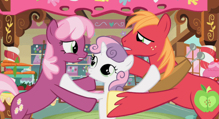 Size: 731x400 | Tagged: safe, screencap, character:big mcintosh, character:cheerilee, character:sweetie belle, species:pony, ship:cheerimac, episode:hearts and hooves day, g4, my little pony: friendship is magic, animated, bipedal, eye contact, female, frown, gritted teeth, hoofy-kicks, loop, male, sad, shipping, smiling, straight, sugarcube corner, talking