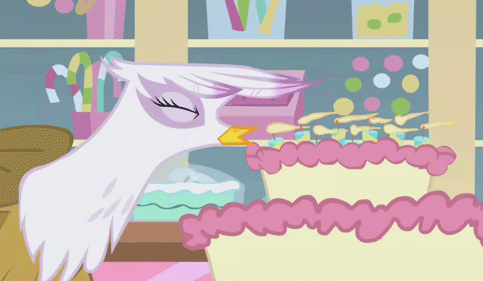 Size: 483x281 | Tagged: safe, screencap, character:gilda, species:griffon, episode:griffon the brush-off, animated, birthday cake, cake, candle, cute, food, gildadorable, smiling, solo, tried, when she smiles
