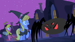 Size: 1366x768 | Tagged: safe, screencap, character:cherry berry, character:cloud kicker, species:earth pony, species:pegasus, species:pony, episode:luna eclipsed, g4, my little pony: friendship is magic, animal costume, bee costume, clothing, costume, female, hat, mare, night, nightmare night costume, red eyes, red eyes take warning, spider, witch costume, witch hat