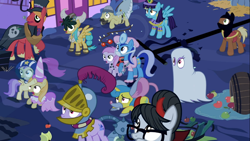 Size: 1366x768 | Tagged: safe, screencap, character:alula, character:big mcintosh, character:lemon hearts, character:meadow song, character:minuette, character:noi, character:piña colada, character:pluto, character:raven inkwell, character:sassaflash, character:sea swirl, character:sunshower raindrops, species:earth pony, species:pegasus, species:pony, species:unicorn, episode:luna eclipsed, g4, my little pony: friendship is magic, background pony, bedsheet ghost, clothing, costume, devil horns, fake ears, female, filly, foal, ghost costume, halloween, halloween costume, helmet, holiday, knight, mac the ripper, male, mare, morning star, mouse costume, nightmare night, nightmare night costume, piña cutelada, plume, stallion