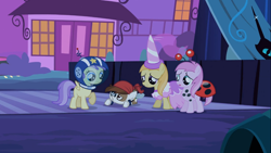Size: 1366x768 | Tagged: safe, screencap, character:alula, character:noi, character:pipsqueak, character:piña colada, character:pluto, species:earth pony, species:pony, episode:luna eclipsed, g4, my little pony: friendship is magic, clothing, colt, costume, male, nightmare night, nightmare night costume, pirate costume, pluto