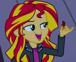 Size: 877x714 | Tagged: safe, screencap, character:sunset shimmer, equestria girls:rainbow rocks, g4, my little pony:equestria girls, holding, pendant, smiling, solo