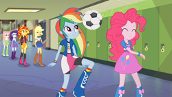 Size: 1366x768 | Tagged: safe, screencap, character:applejack, character:fluttershy, character:pinkie pie, character:rainbow dash, character:rarity, character:sunset shimmer, character:twilight sparkle, equestria girls:rainbow rocks, g4, my little pony:equestria girls, boots, bouncing, football, frown, hall, high heel boots, humane five, humane six, jumping, mane six