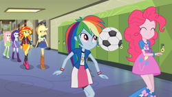 Size: 1366x768 | Tagged: safe, screencap, character:applejack, character:fluttershy, character:pinkie pie, character:rainbow dash, character:rarity, character:sunset shimmer, character:twilight sparkle, equestria girls:rainbow rocks, g4, my little pony:equestria girls, balloon, boots, bouncing, bracelet, clothing, cowboy boots, football, frown, hall, high heel boots, humane five, humane six, jewelry, jumping, mane six, skirt